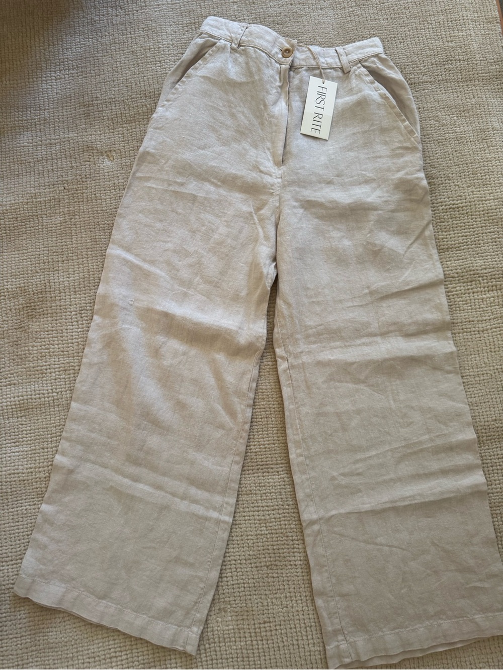 First Rite Neutral Natural-Tone Wide Leg Linen Pants